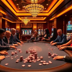 S8 casino atmosphere featuring a luxurious poker table and vibrant slot machines.