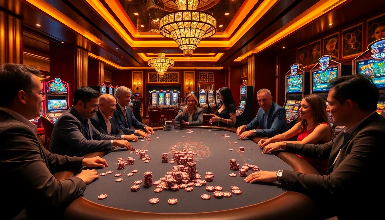 S8 casino atmosphere featuring a luxurious poker table and vibrant slot machines.