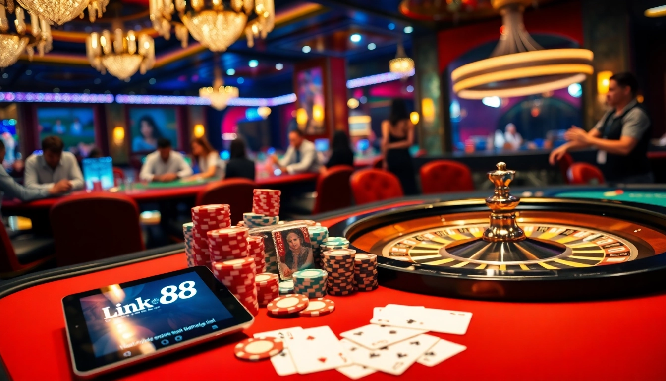 Experience the exciting atmosphere of Link Go88 with vibrant poker tables and immersive gambling action.