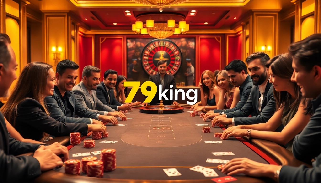 Excited players enjoying a thrilling poker game at a luxurious casino table showcasing 79king branding.