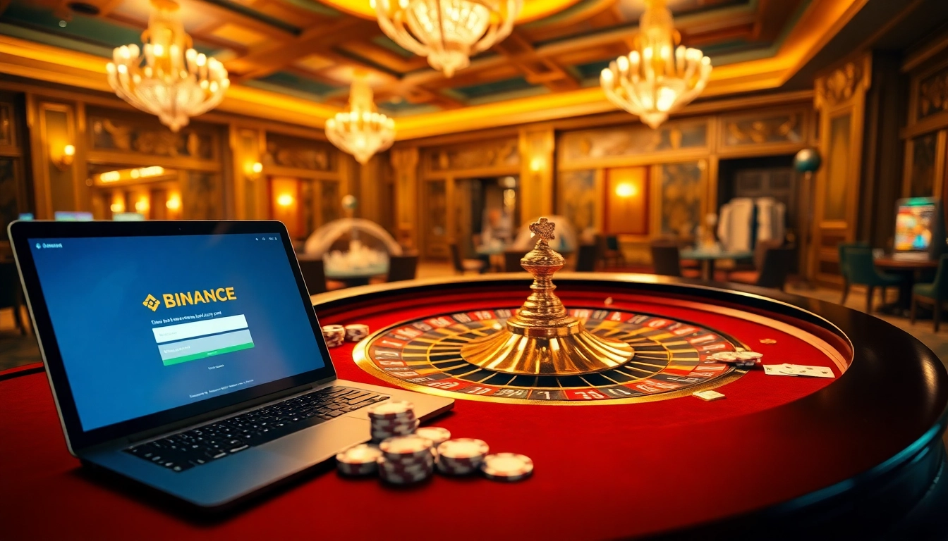 Experience 바이낸스 회원가입 at an elegant casino, with roulette, poker chips, and an integrated laptop.