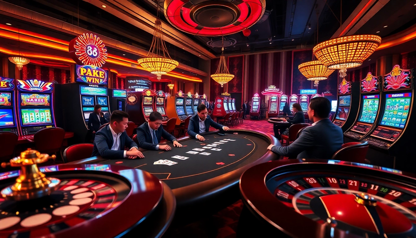 Players engaged in a high-stakes game at u888 casino with vibrant slot machines and roulette.