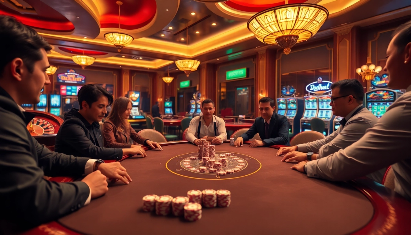 Players enjoying a thrilling poker game at AE888, showcasing excitement and luxury in a vibrant casino setting.