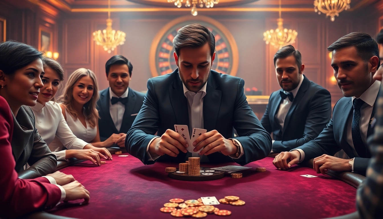 שחקנים המשתתפים בשולחן פוקר בקזינו תוסס, המדגישים את ההתרגשות מהימורי סכומים גבוהים.