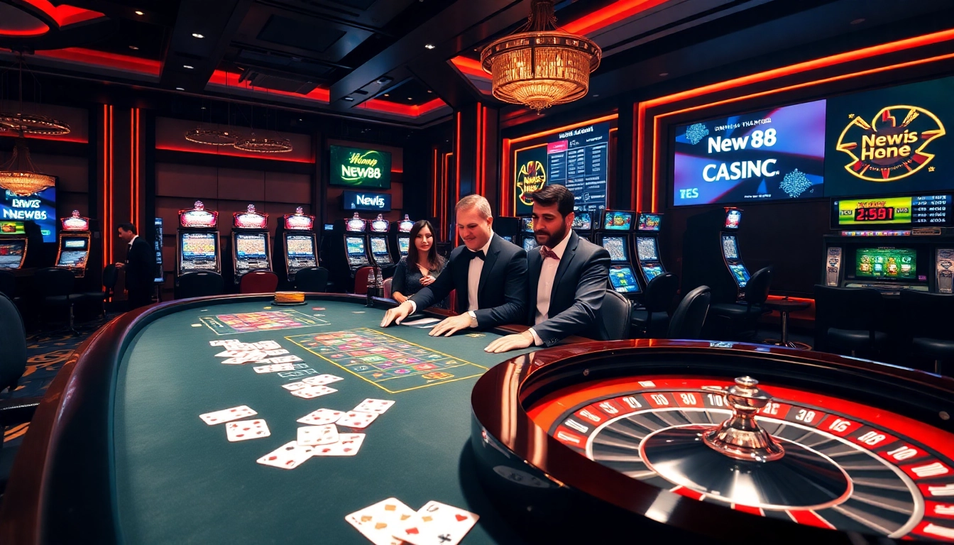 New88 gamblers placing bets on a vibrant casino table with colorful poker chips.