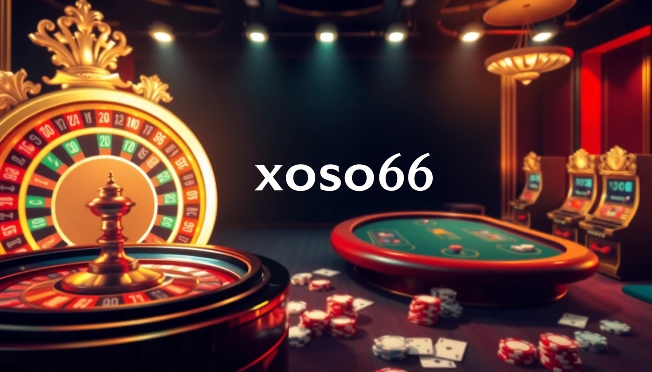 Xoso66 casino scene featuring roulette, slot machines, and poker chips, evoking excitement in online gambling.
