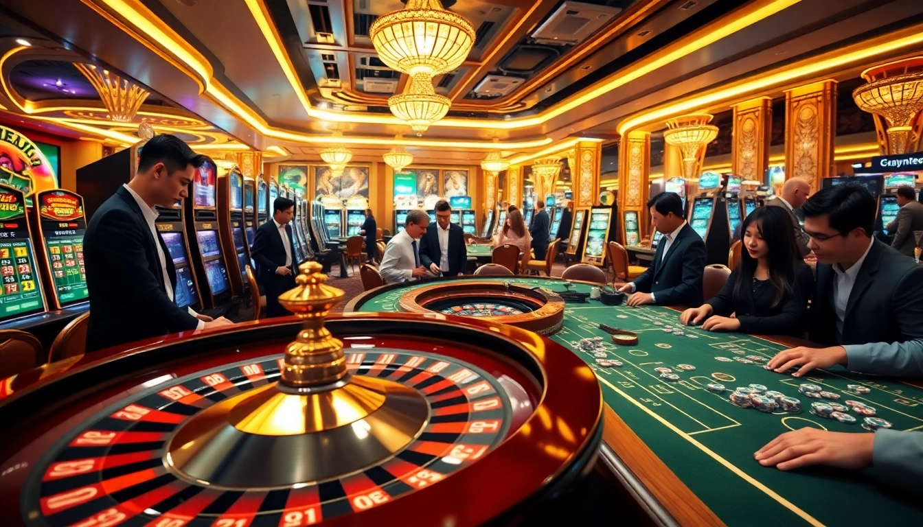 Gamblers enjoying high-stakes action at situs apiraja88 with colorful slot machines.