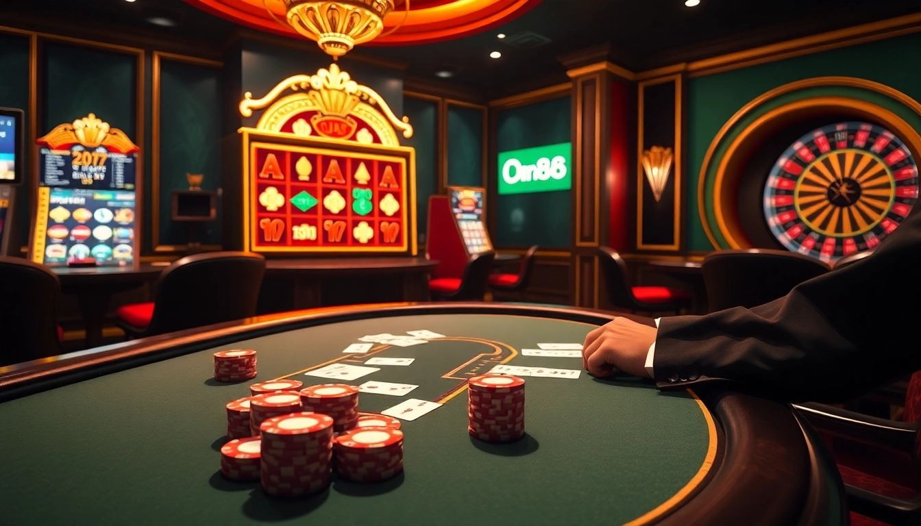 Engage in thrilling gameplay at dr88, featuring luxurious poker tables and vibrant slot machines.