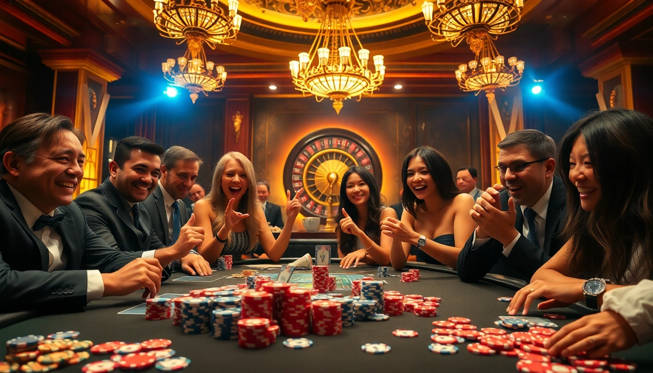 Engaging gamblers at the casino tables with vibrant poker chips and cards, showcasing nohu excitement.