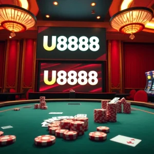 Experience the excitement of U888 as players engage in a high-stakes poker game with vibrant chips and cards.