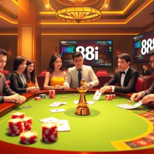 Poker players enjoying a game at the 88i casino, showcasing engaging gameplay and luxurious atmosphere.