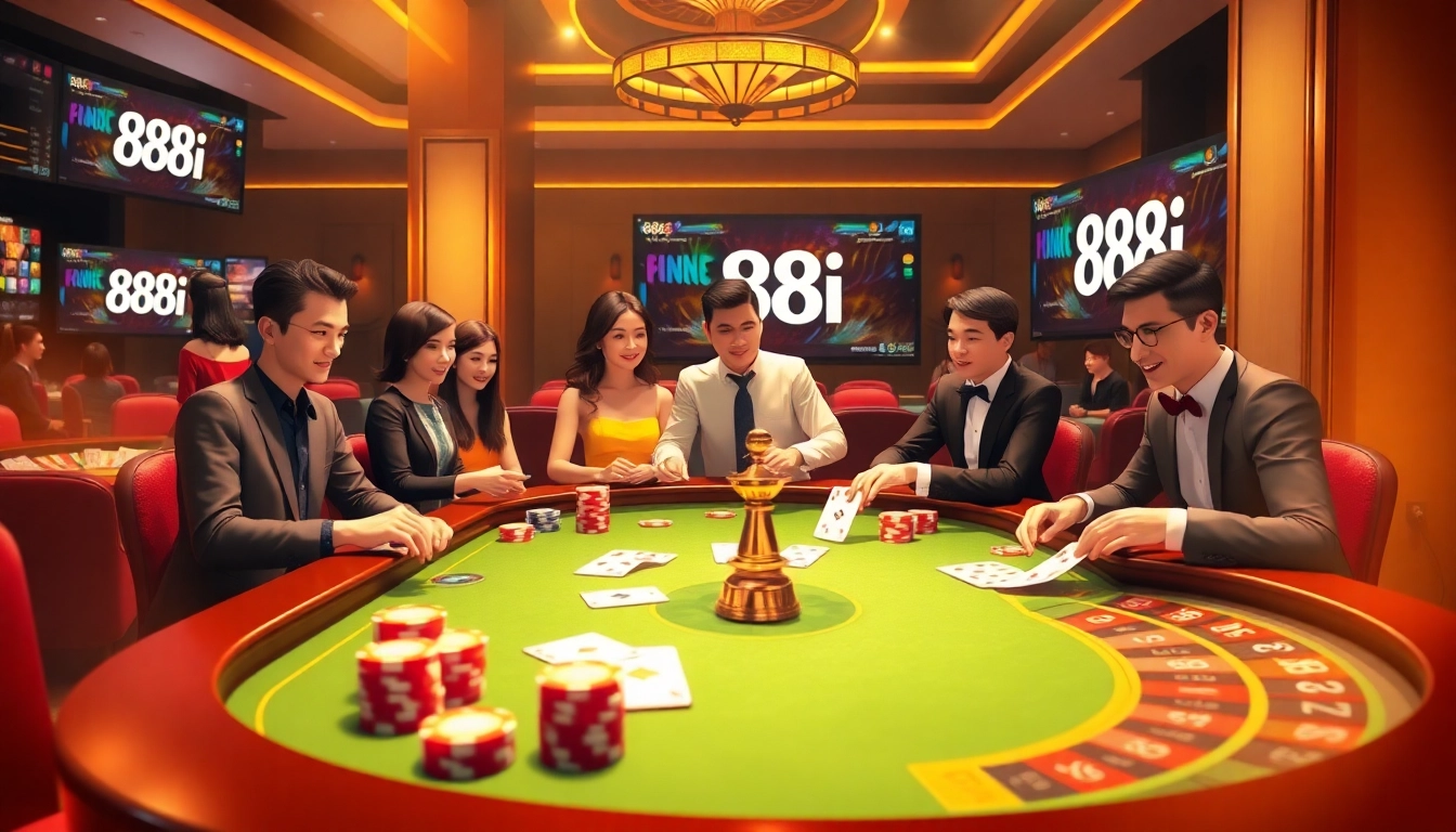 Poker players enjoying a game at the 88i casino, showcasing engaging gameplay and luxurious atmosphere.