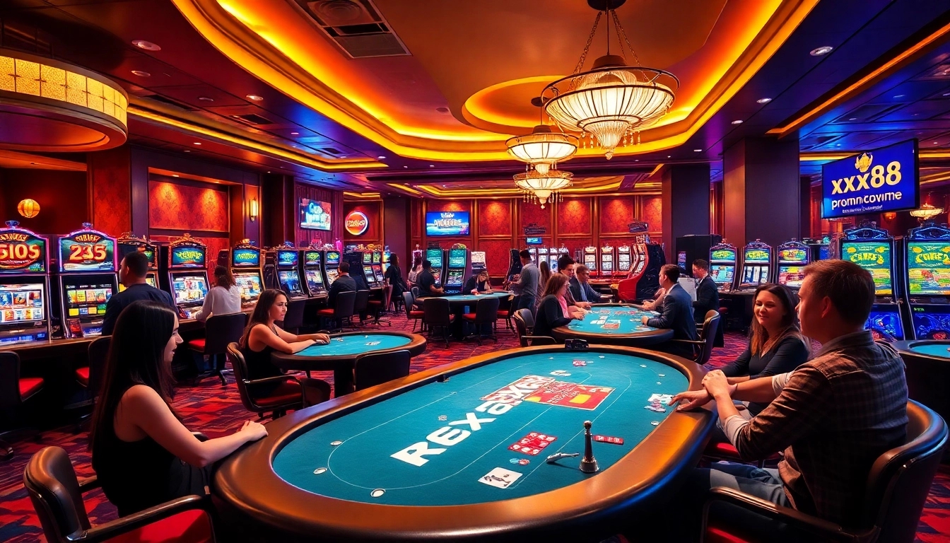 Gambling excitement at a luxury casino featuring the xx88.promo promotion amidst vibrant gaming activities.