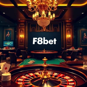 Engaging players at F8bet's modern online casino with vibrant tables, chips, and roulette excitement.