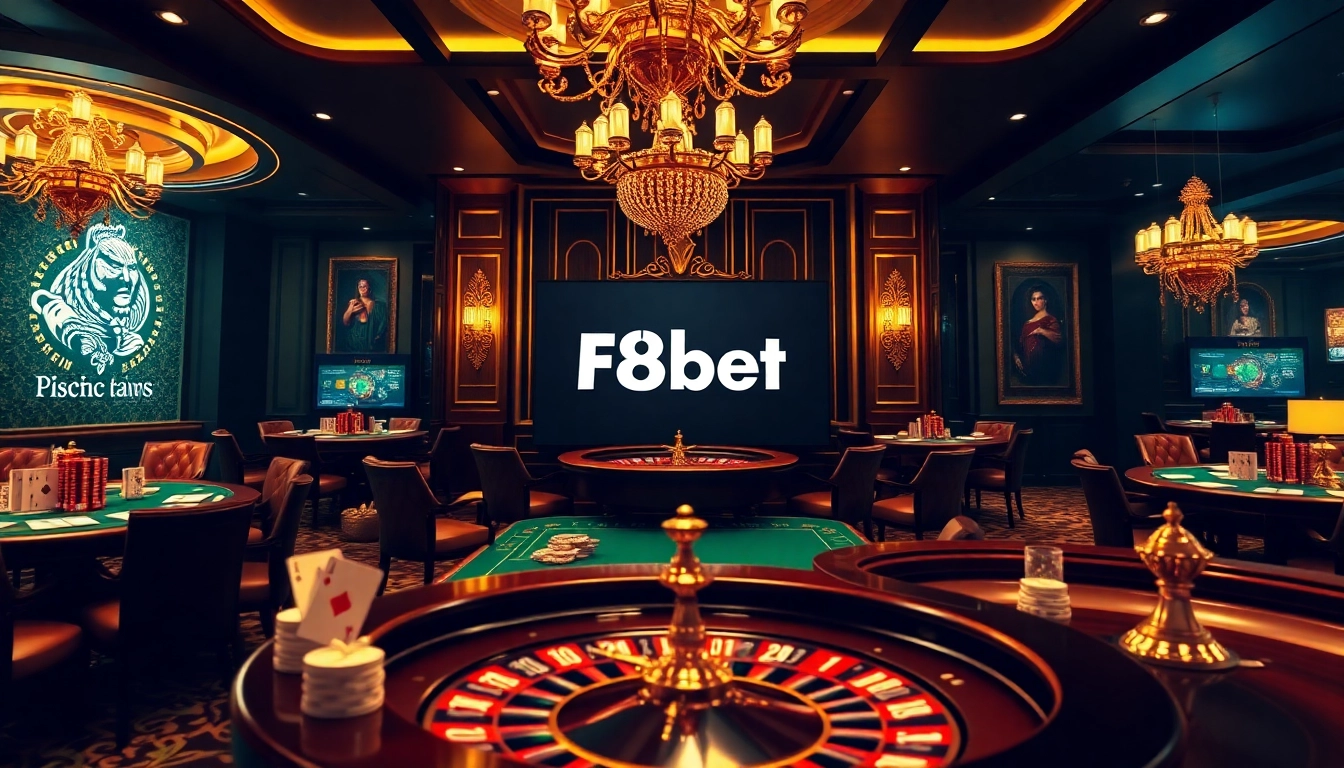 Engaging players at F8bet's modern online casino with vibrant tables, chips, and roulette excitement.