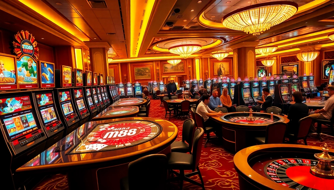 Players enjoying the thrilling atmosphere at m88 casino, filled with vibrant slot machines and engaging roulette tables.