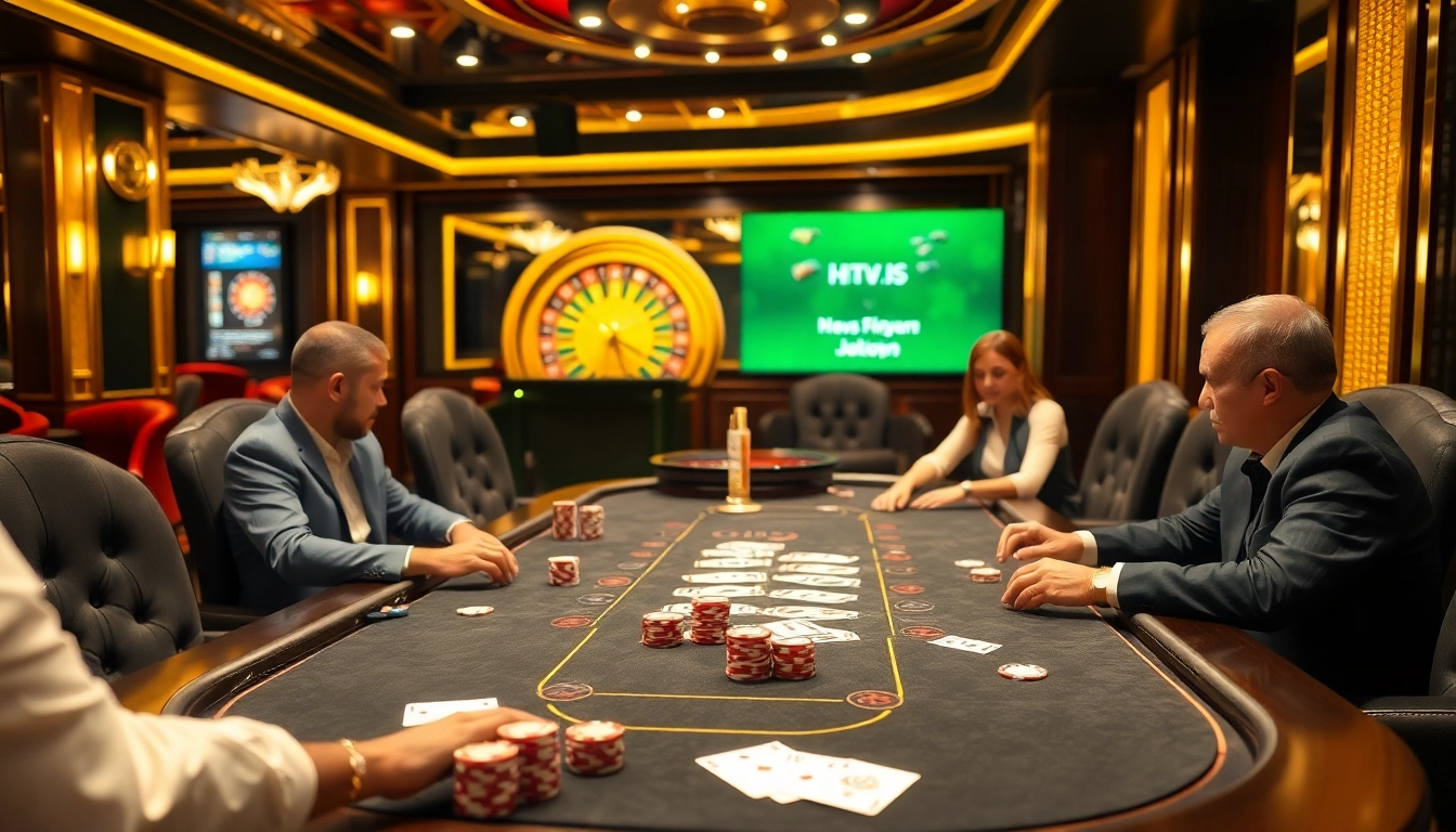 Players strategizing at a Texas Hold'em table on https://789f.town/, with vibrant poker chips and cards.