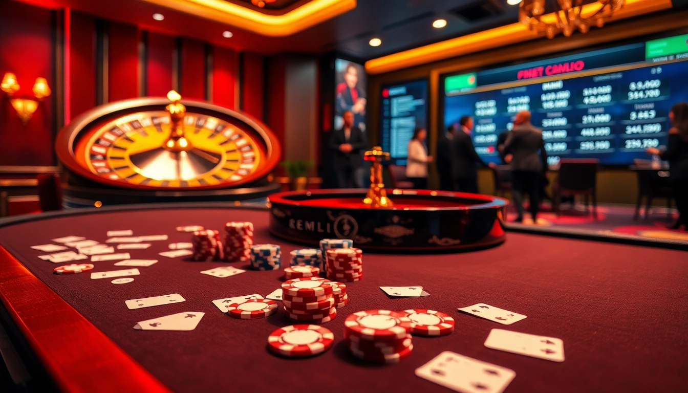 Players engaged in a thrilling poker game at Nhà cái 789p casino, showcasing luxurious chips and modern digital interfaces.