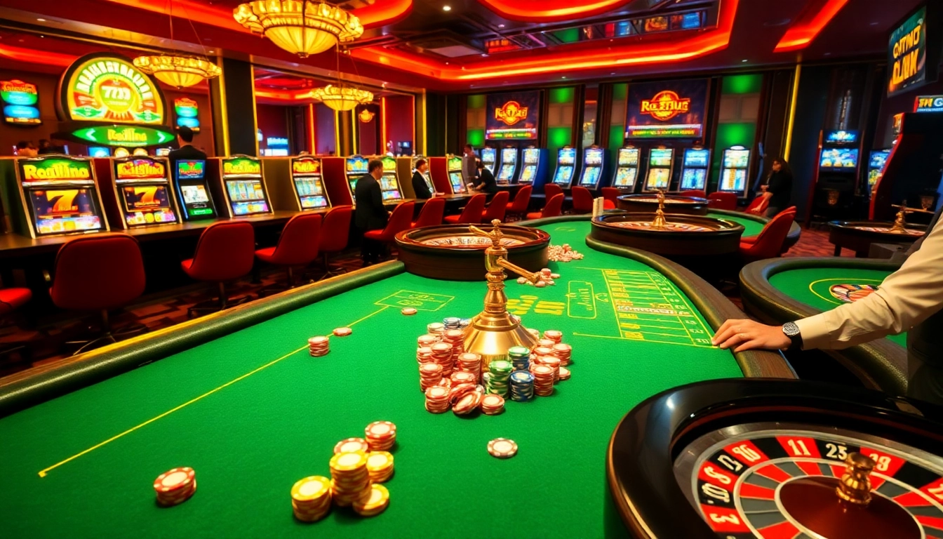Engage in high-stakes excitement at 789club com's luxurious casino with vibrant poker tables and glowing slot machines.