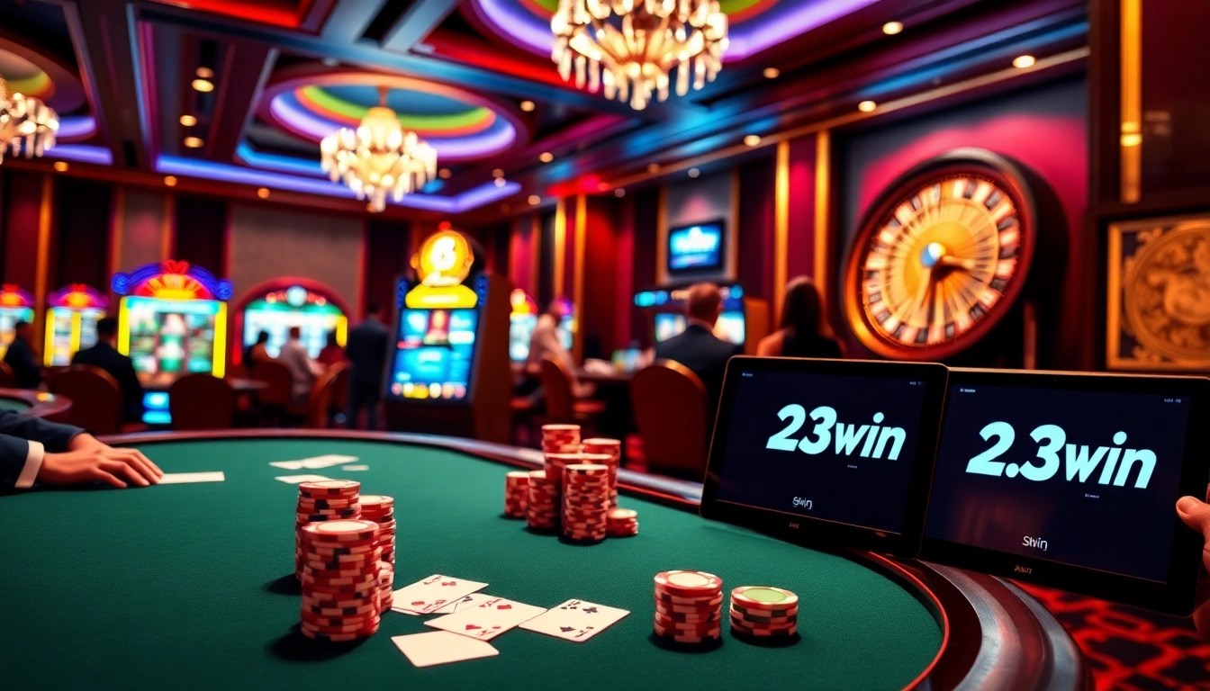 Action-packed casino game at 23win featuring poker chips and a roulette wheel.