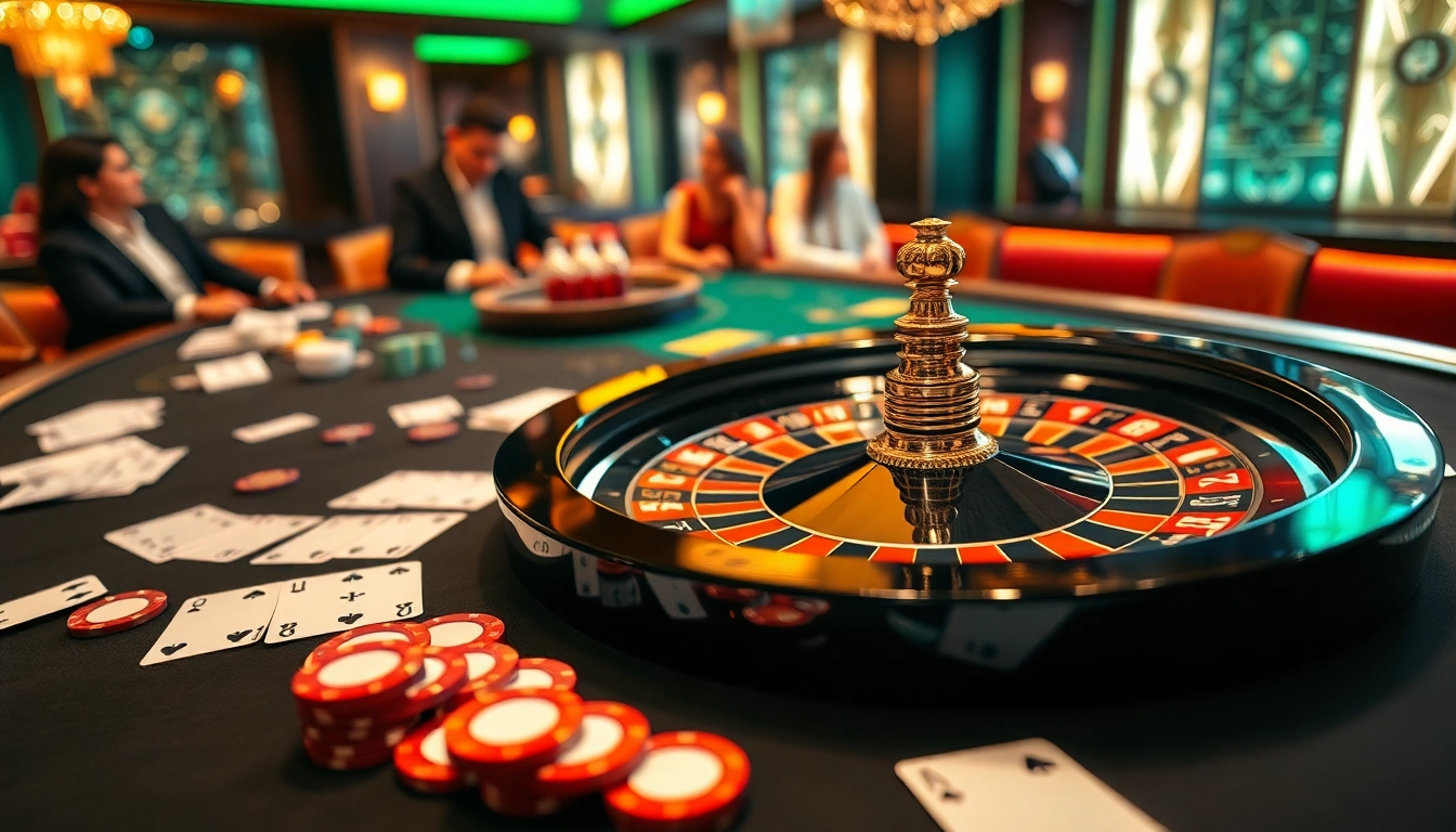 Gambling excitement with RR88 poker chips and roulette wheel at a luxurious casino setting.