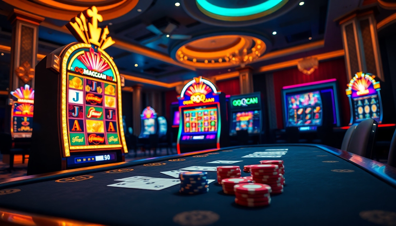 Experience the excitement of gambling at qqmacan with striking slot machines and elegant casino tables.