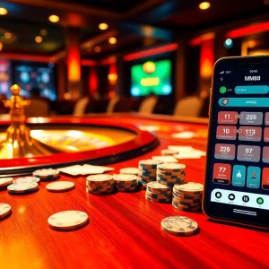 MM88 gamblers place bets at a luxurious casino table with vibrant chips and cards.