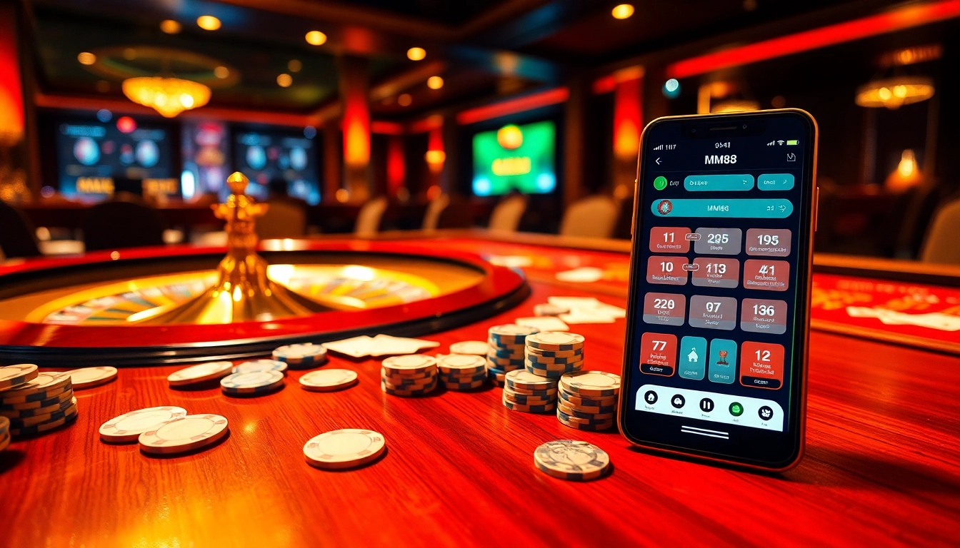 MM88 gamblers place bets at a luxurious casino table with vibrant chips and cards.