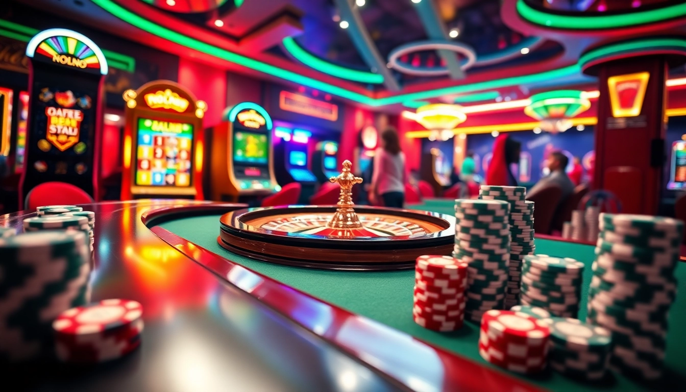 Experience the thrill of nohu90 with vibrant poker chips and an exciting roulette table scene.