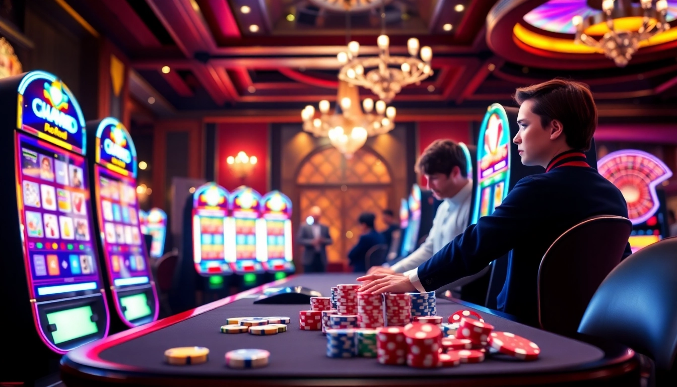 Players enjoying the thrilling slot games at bro138 in a luxurious casino setting.