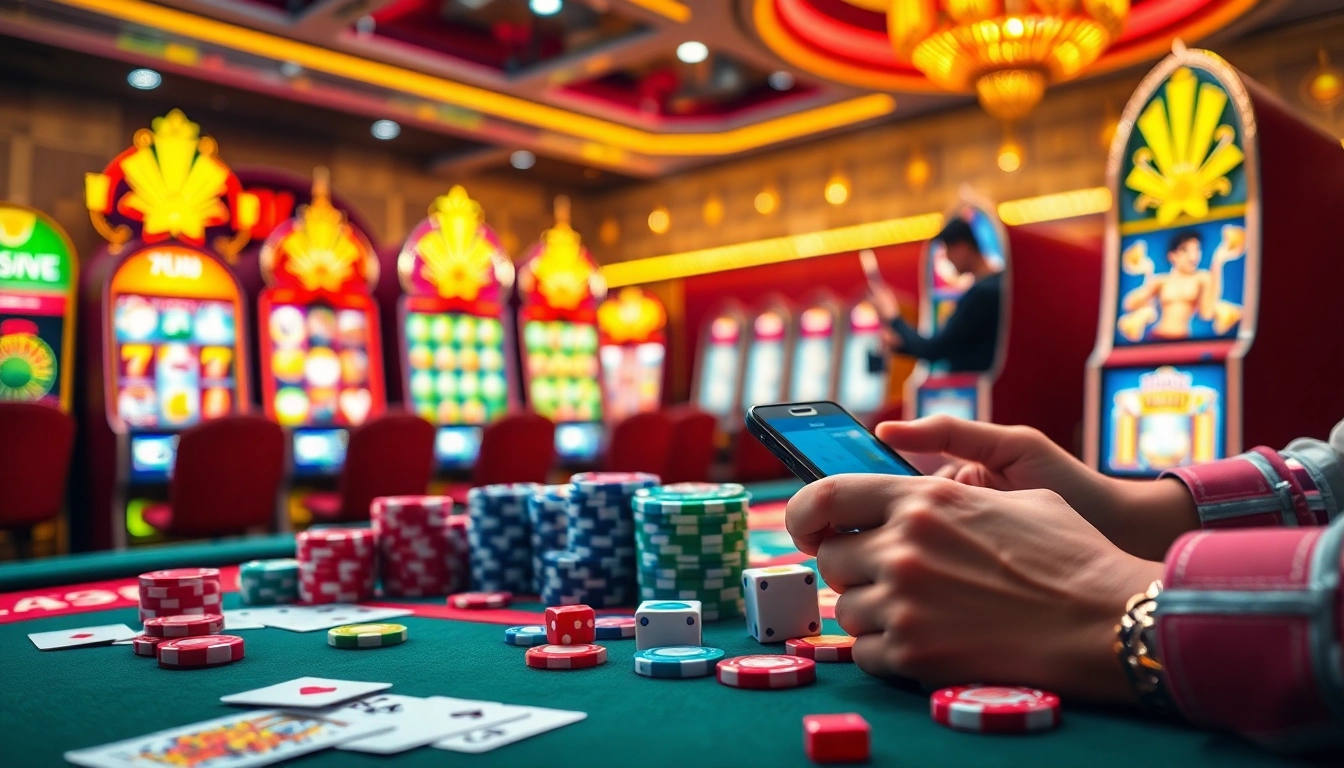 A dynamic scene showcasing players engaging in exciting casino games at 789win, featuring vibrant poker chips and slot machines.