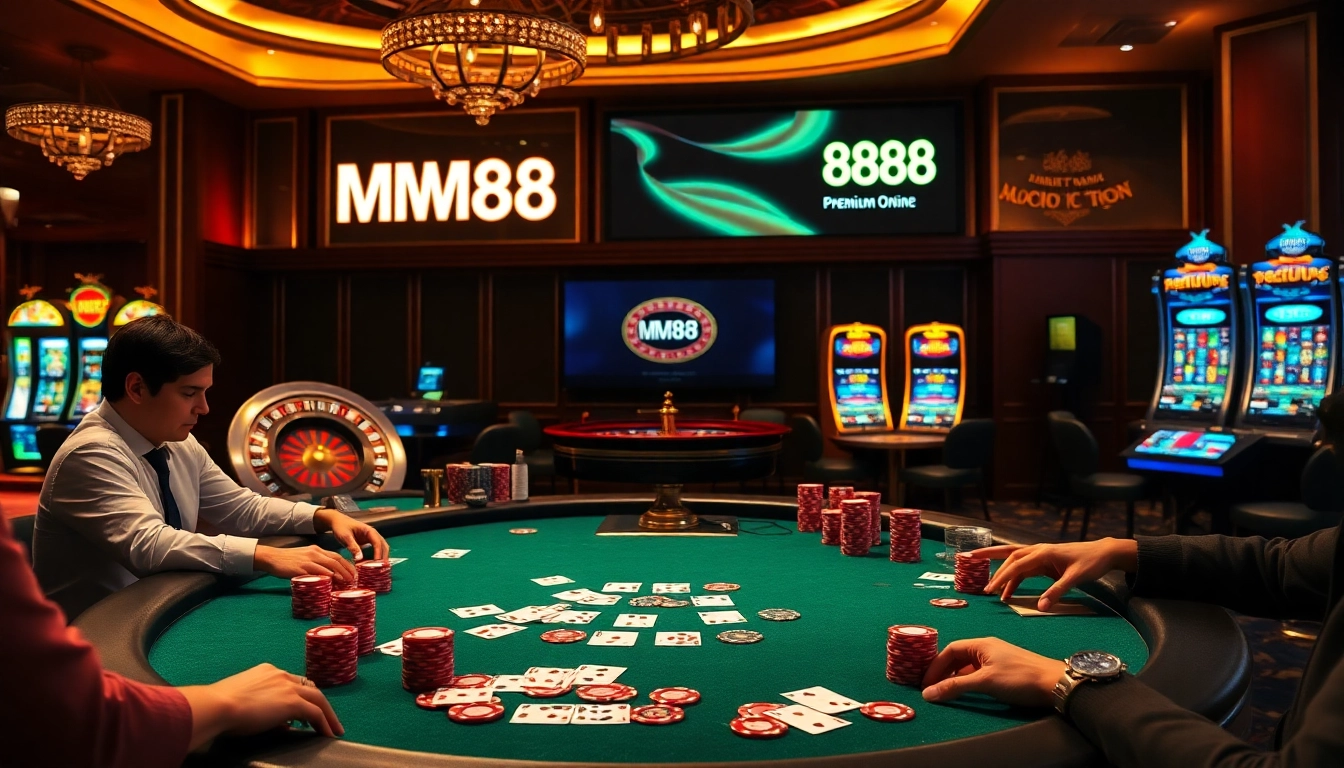 Experience thrilling gameplay at MM88 casino with poker tables, slots, and vibrant chips.