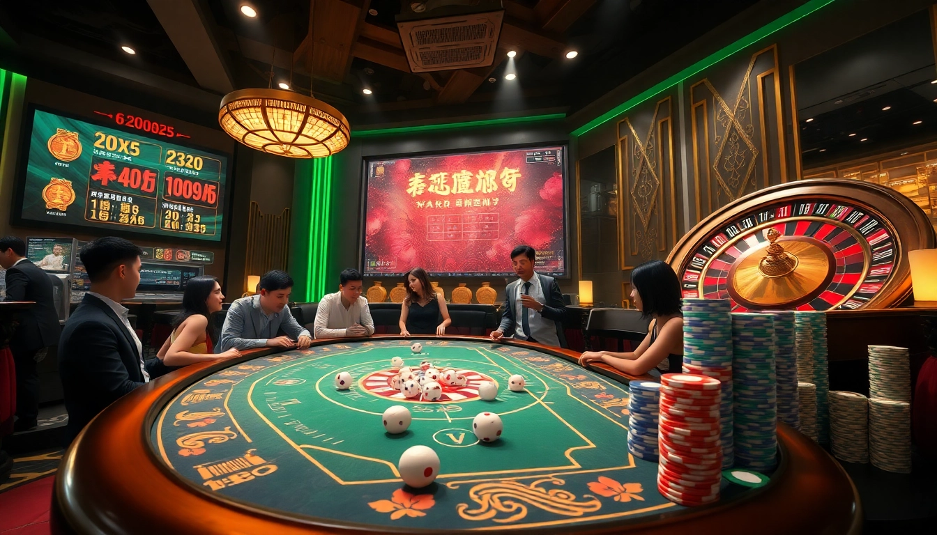 Tài Xỉu MD5 table with enthusiastic players, dramatic lighting, and colorful gaming elements.