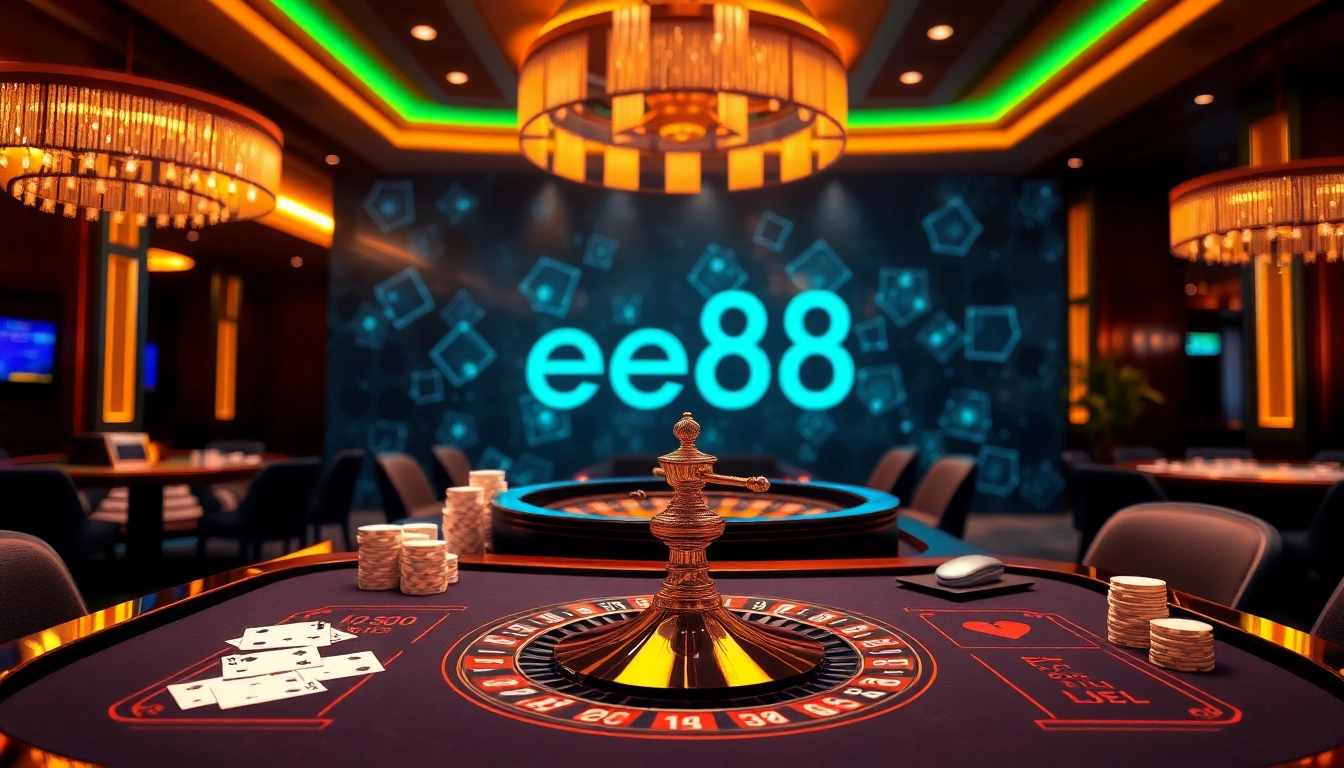 Experience the excitement of ee88 link đăng nhập with a luxurious casino scene, featuring gaming tables and vibrant lights.