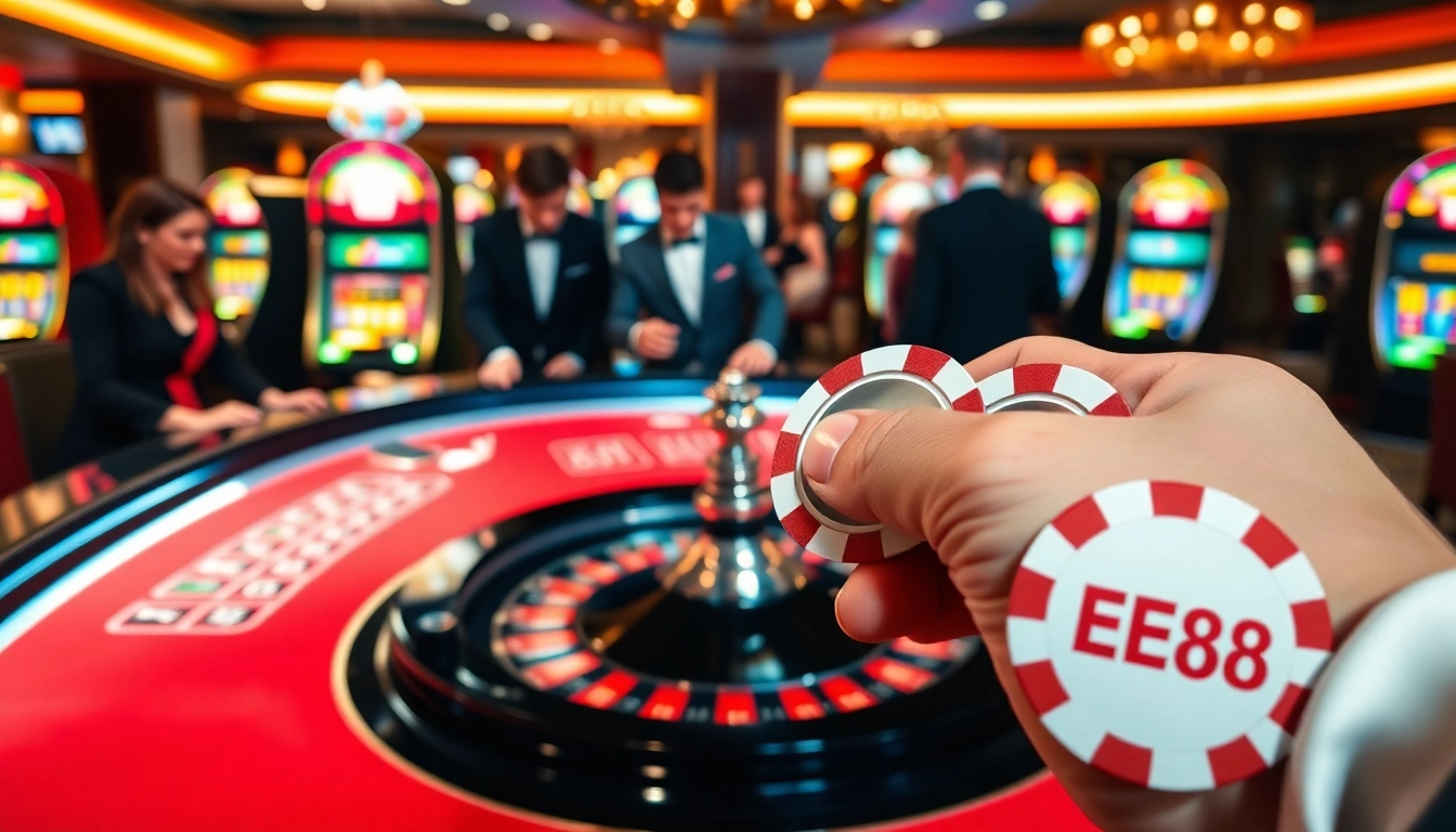 Players enjoying the thrill of roulette at EE88 casino, showcasing excitement and camaraderie.