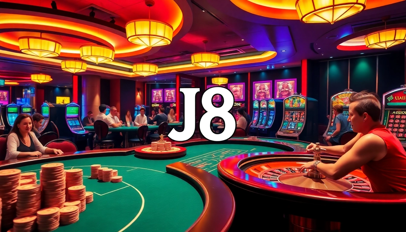 Experience thrilling gaming excitement at J8 casino, with vibrant poker tables and dynamic roulette wheels.
