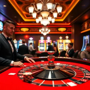 Engaging MK8 casino scene with a dealer and vibrant roulette table, showcasing thrilling gambling excitement.