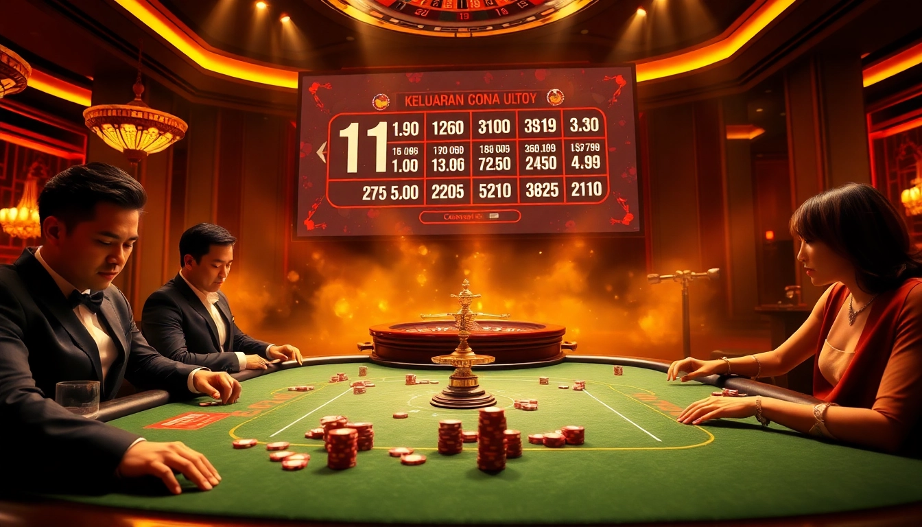 Engaged players at a casino table analyze keluaran china displayed on a digital screen.