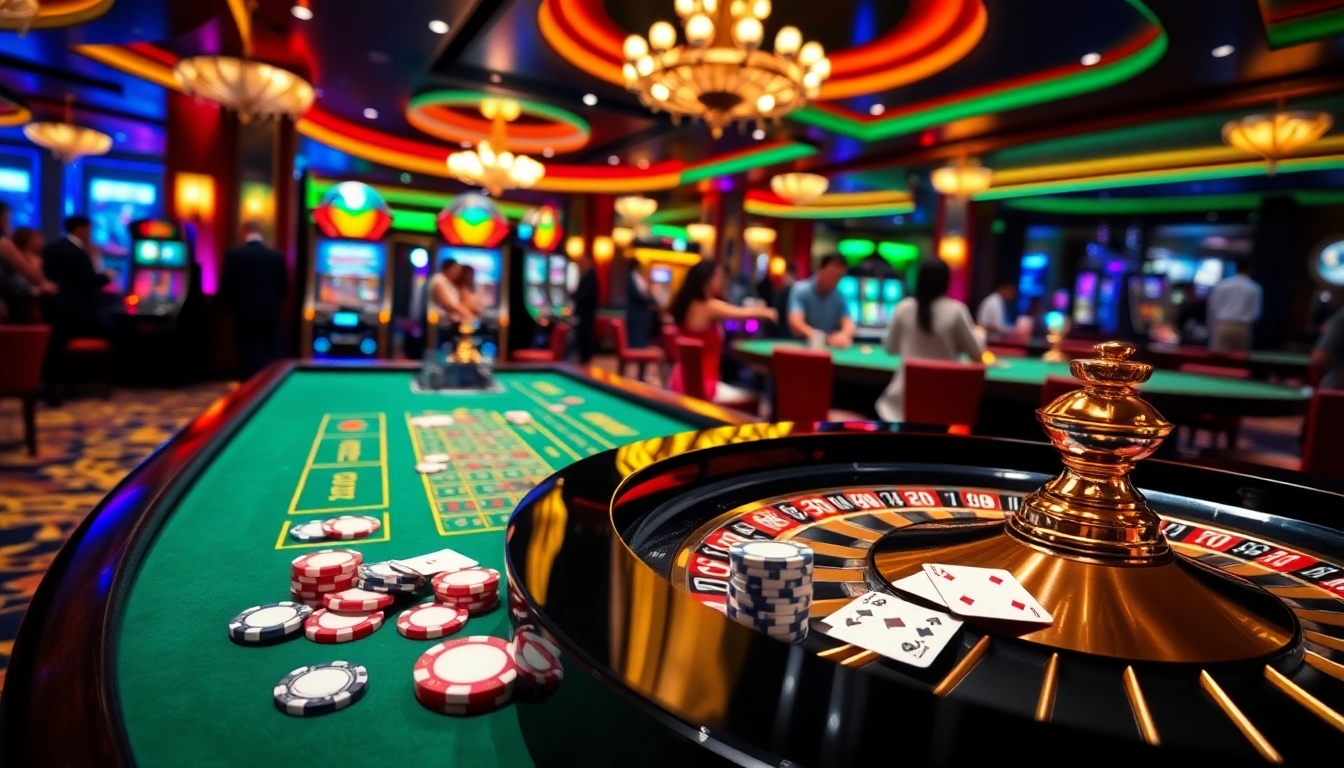 Kubet casino showcasing players at a roulette table and vibrant slot machines in an exciting atmosphere.
