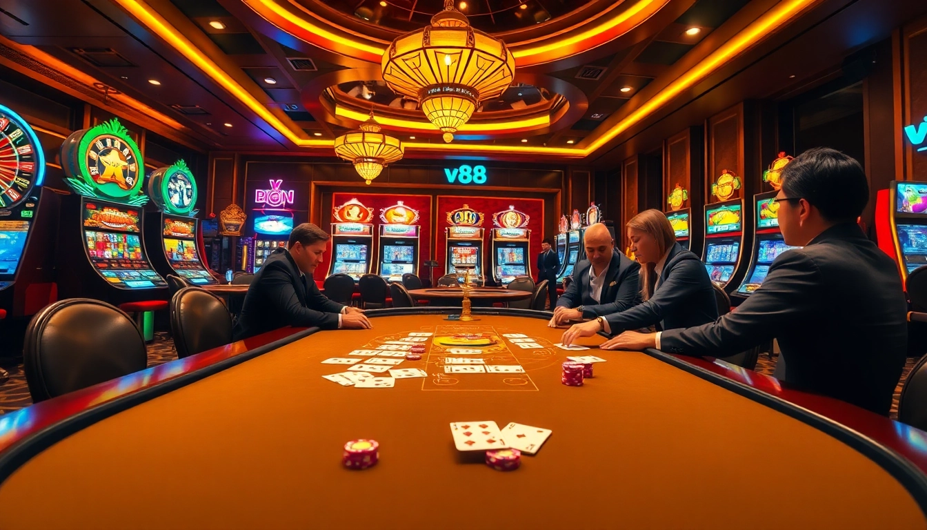 Players enjoying a thrilling poker game at vn88 casino surrounded by vibrant slot machines.