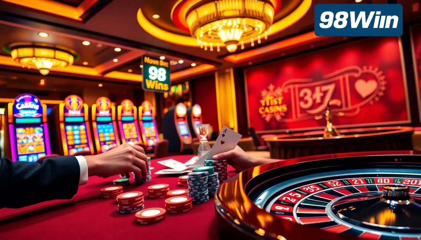 Win big with 98Win at a luxurious casino gaming table filled with poker chips.