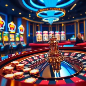 MK8 online casino scene with luxurious gaming tables and vibrant slot machines.