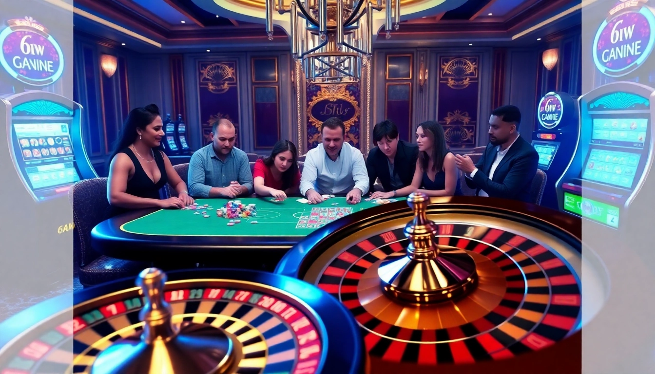 6RWIN55 COM high-stakes poker scene with excited players and spinning roulette wheel.