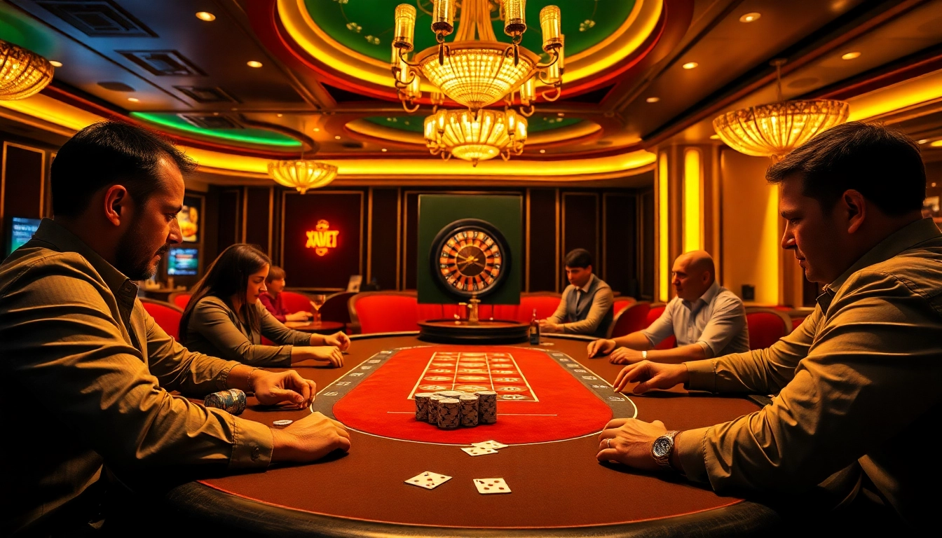 Players at a poker table engaging in strategy while utilizing sbobet login for sports betting.