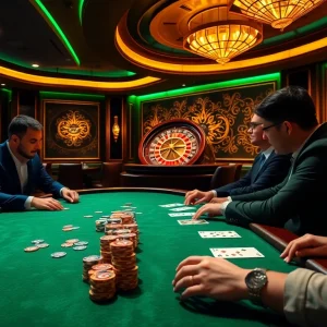 Players engaging in high-stakes poker at the 6L777 CLUB, showcasing excitement and luxury in casino ambiance.