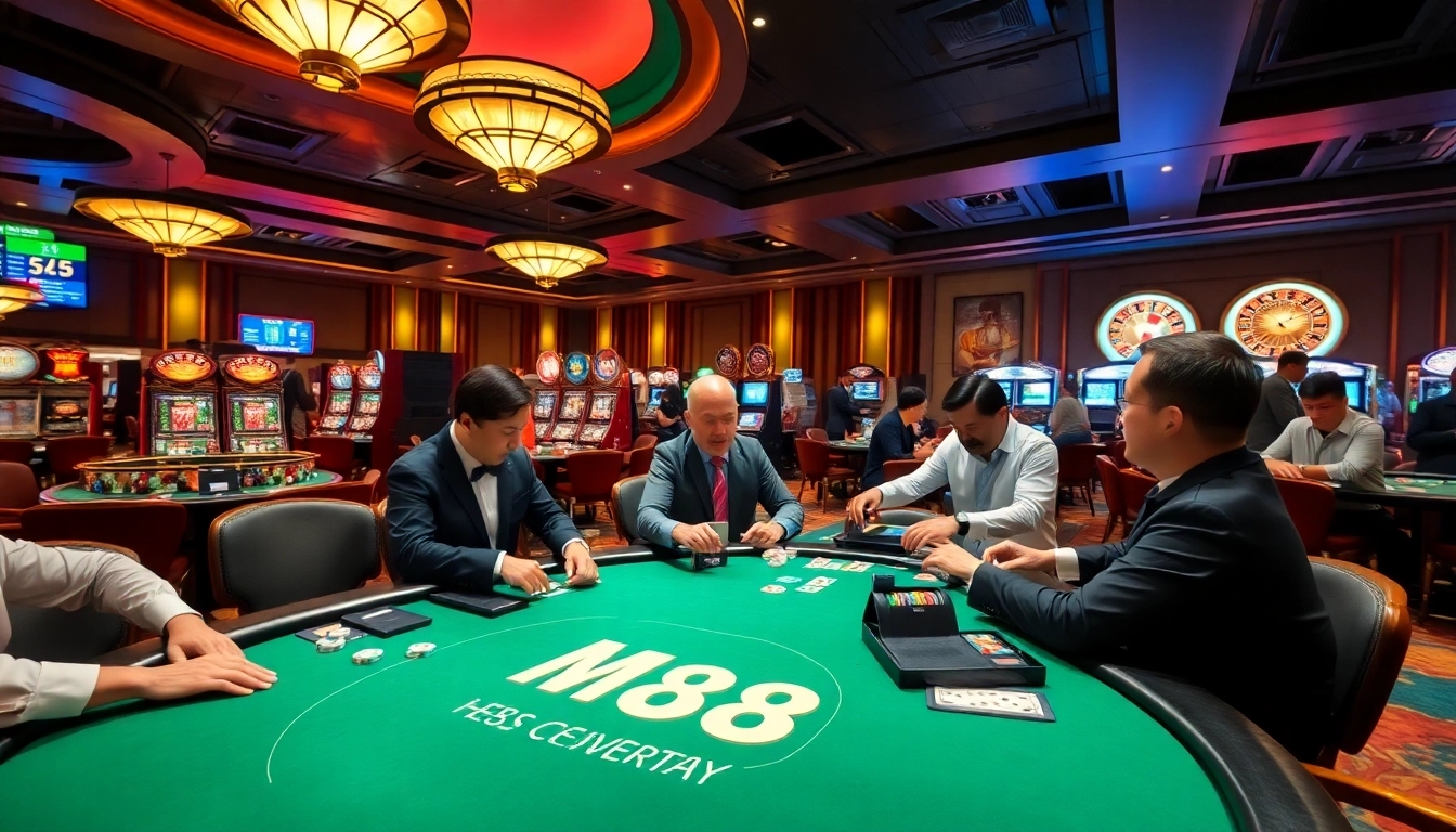 M88 poker players strategizing at a lavish casino table during an exciting game.