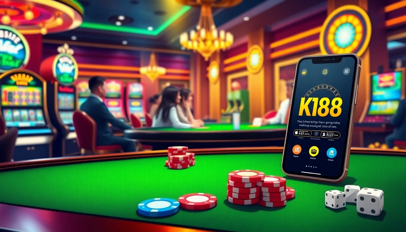 Play at link kp88 with vibrant casino elements, poker chips, and an online interface.