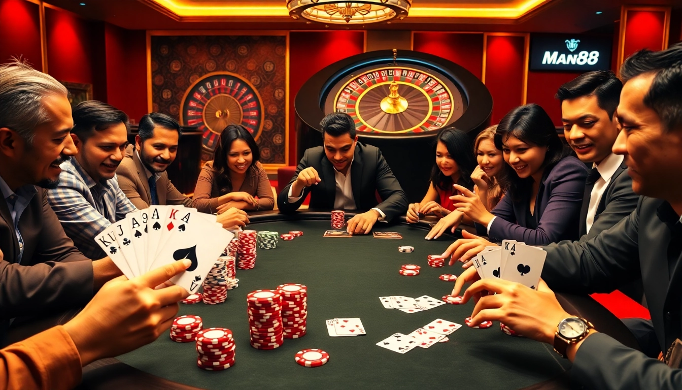 Man88 players engaging in an intense poker game experience with luxurious casino ambiance.
