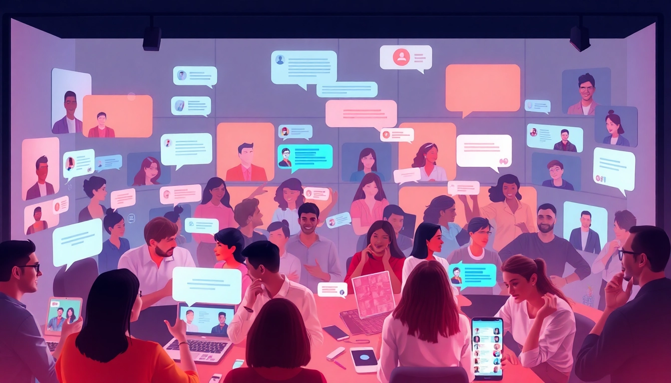 إشراك المستخدمين في غرفة دردشتي للدردشة، مع عرض التفاعلات عبر الفيديو والنص.