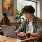 A young adult discussing nsfw content at a trendy coffee shop with a laptop and friends.